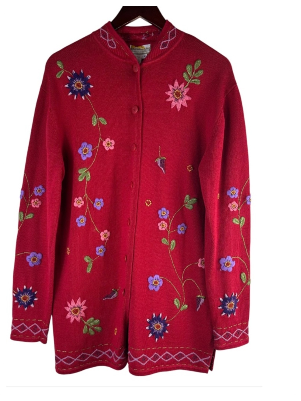 Coldwater Creek Cardigan Sweater Sz Medium Floral Embroidered Cottagecore Red - Picture 2 of 4